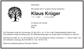 Traueranzeige von Klaus Krüger von ALLGEMEINE ZEITUNG UELZEN