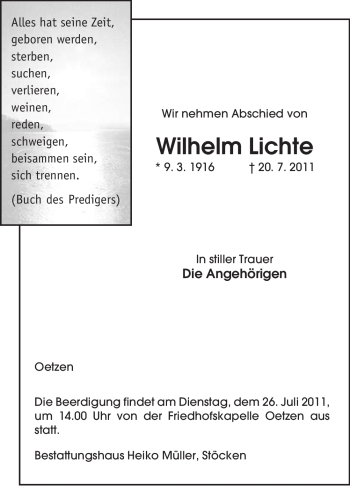 Traueranzeige von Wilhelm Lichte von ALLGEMEINE ZEITUNG UELZEN