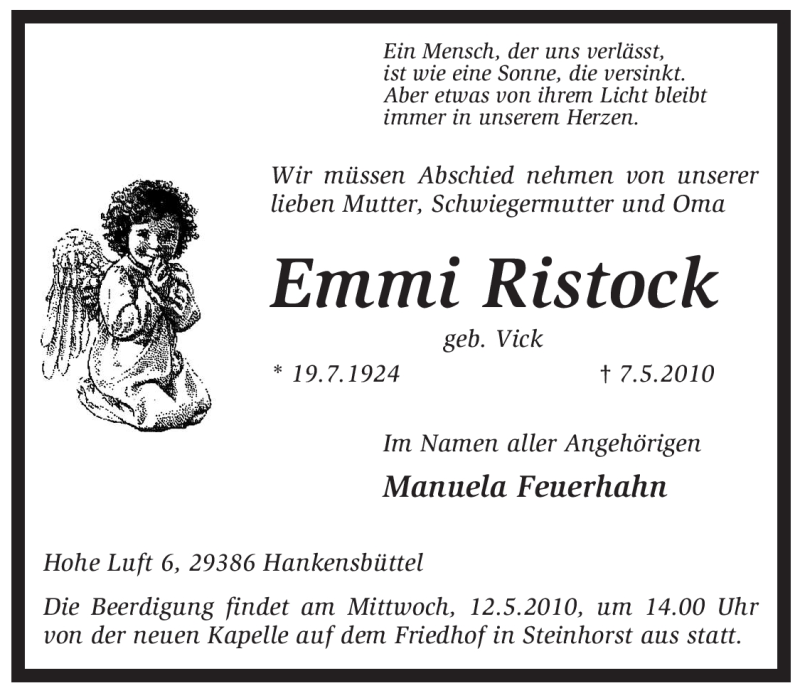  Traueranzeige für Emmi Ristock vom 11.05.2010 aus ALLGEMEINE ZEITUNG UELZEN