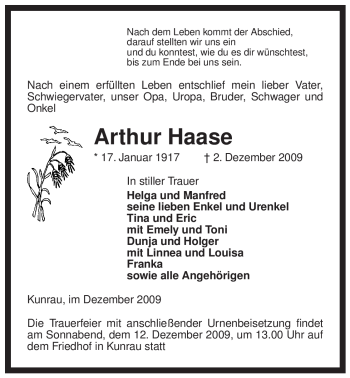 Traueranzeige von Arthur Haase von ALLGEMEINE ZEITUNG UELZEN