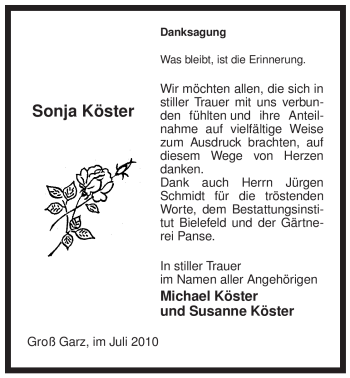 Traueranzeige von Sonja Köster von ALLGEMEINE ZEITUNG UELZEN