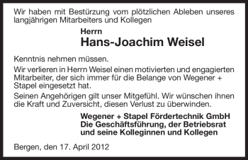 Traueranzeige von Hans-Joachim Weisel von ALLGEMEINE ZEITUNG UELZEN