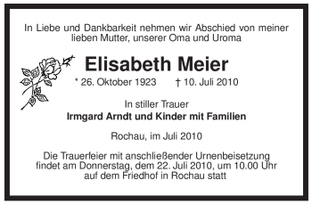 Traueranzeige von Elisabeth Meier von ALLGEMEINE ZEITUNG UELZEN