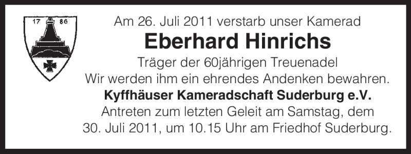  Traueranzeige für Eberhard Hinrichs vom 28.07.2011 aus ALLGEMEINE ZEITUNG UELZEN