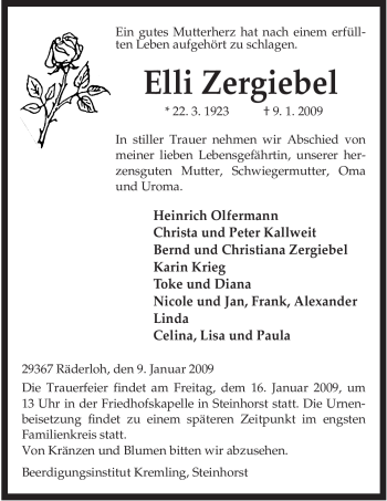 Traueranzeige von Elli Zergiebel von ALLGEMEINE ZEITUNG UELZEN