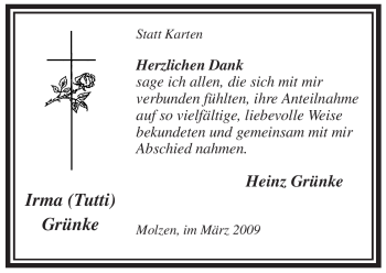Traueranzeige von Irma Grünke von ALLGEMEINE ZEITUNG UELZEN