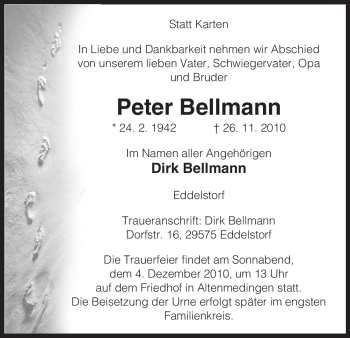 Traueranzeige von Peter Bellmann von ALLGEMEINE ZEITUNG UELZEN