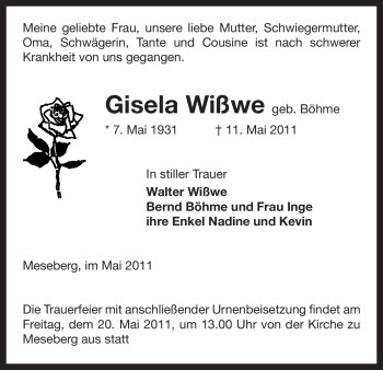 Traueranzeige von Gisela Wißwe von ALLGEMEINE ZEITUNG UELZEN