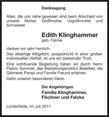 Traueranzeige von Edith Klinghammer von ALLGEMEINE ZEITUNG UELZEN