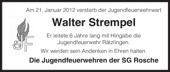 Traueranzeige von Walter Strempel von ALLGEMEINE ZEITUNG UELZEN