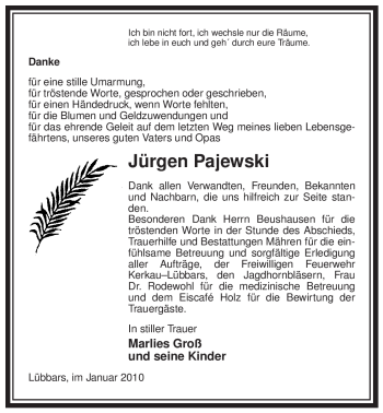 Traueranzeige von Jürgen Pajewski von ALLGEMEINE ZEITUNG UELZEN