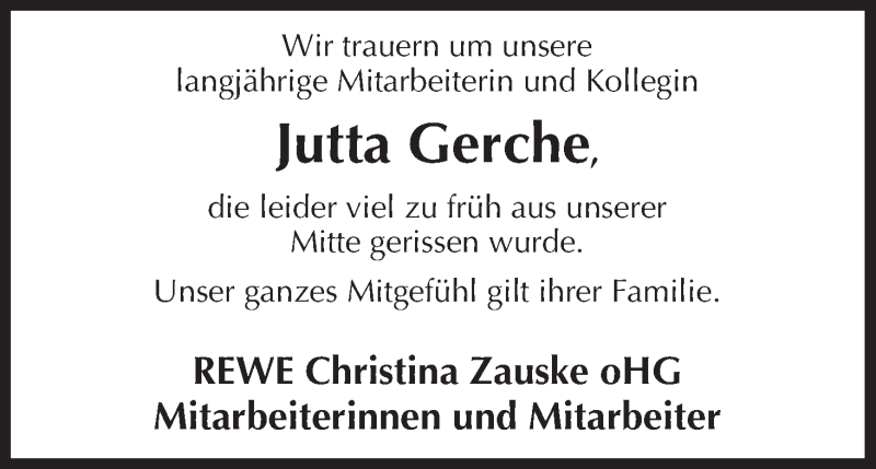  Traueranzeige für Jutta Gerche vom 19.05.2015 aus Uelzen