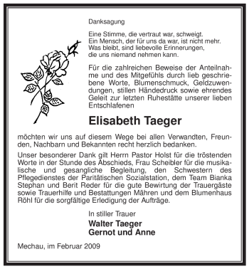 Traueranzeige von Elisabeth Taeger von ALLGEMEINE ZEITUNG UELZEN