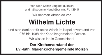 Traueranzeige von Wilhelm Lichte von ALLGEMEINE ZEITUNG UELZEN