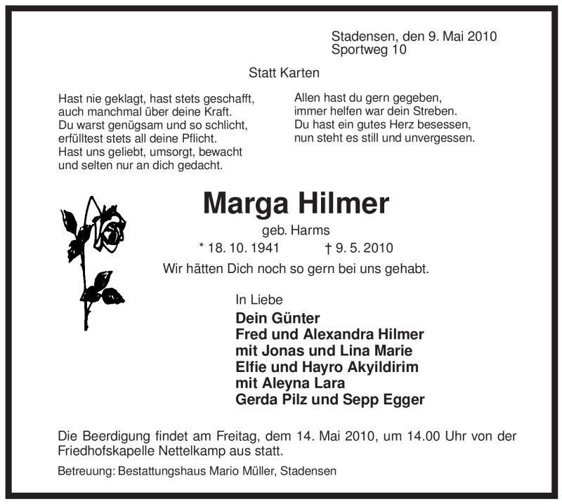  Traueranzeige für Marga Hilmer vom 11.05.2010 aus ALLGEMEINE ZEITUNG UELZEN