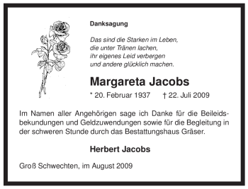 Traueranzeige von Margareta Jacobs von ALLGEMEINE ZEITUNG UELZEN