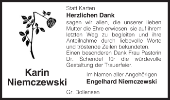 Traueranzeige von Karin Niemczewski von Uelzen