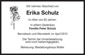 Traueranzeige von Erika Schulz von ALLGEMEINE ZEITUNG UELZEN