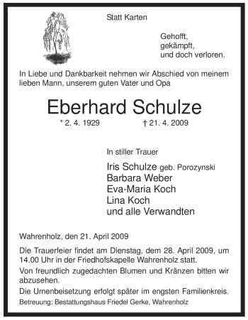 Traueranzeige von Eberhard Schulze von ALLGEMEINE ZEITUNG UELZEN