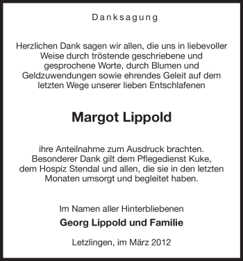 Traueranzeige von Margot Lippold von ALLGEMEINE ZEITUNG UELZEN