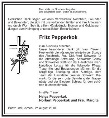 Traueranzeige von Fritz Pepperkok von ALLGEMEINE ZEITUNG UELZEN