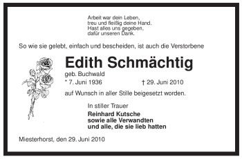 Traueranzeige von Edith Schmächtig von ALLGEMEINE ZEITUNG UELZEN
