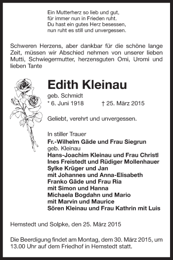 Traueranzeige von Edith Kleinau von Uelzen