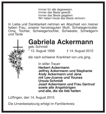 Traueranzeige von Gabriela Ackermann von ALLGEMEINE ZEITUNG UELZEN