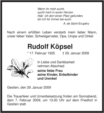 Traueranzeige von Rudolf Köpsel von ALLGEMEINE ZEITUNG UELZEN