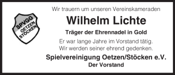 Traueranzeige von Wilhelm Lichte von ALLGEMEINE ZEITUNG UELZEN