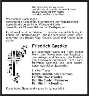 Traueranzeige von Friedrich Gaedke von ALLGEMEINE ZEITUNG UELZEN