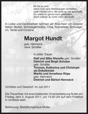 Traueranzeige von Margot Hundt von ALLGEMEINE ZEITUNG UELZEN