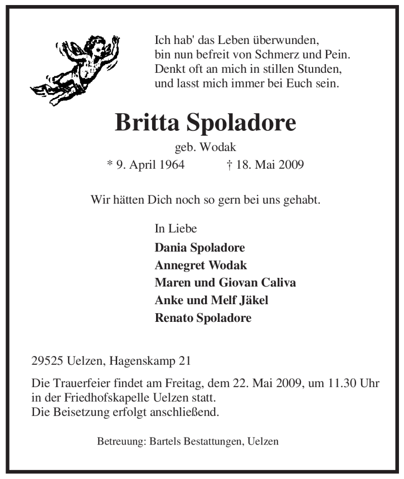  Traueranzeige für Britta Spoladore vom 20.05.2009 aus ALLGEMEINE ZEITUNG UELZEN