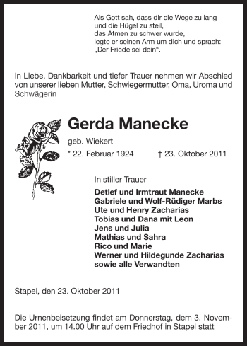 Traueranzeige von Gerda Manecke von ALLGEMEINE ZEITUNG UELZEN