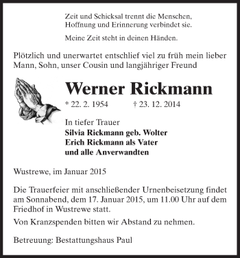 Traueranzeige von Werner Rickmann von Uelzen