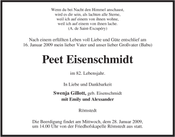 Traueranzeige von Peet Eisenschmidt von ALLGEMEINE ZEITUNG UELZEN