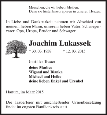 Traueranzeige von Joachim Lukassek von Uelzen