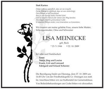 Traueranzeige von Lisa Meinecke von ALLGEMEINE ZEITUNG UELZEN