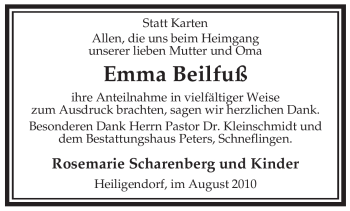 Traueranzeige von Emma Beilfuß von ALLGEMEINE ZEITUNG UELZEN