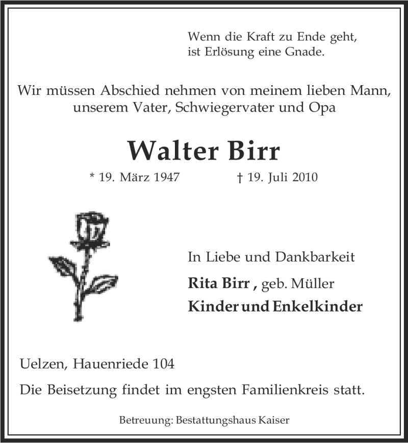 Traueranzeige für Walter Birr vom 21.07.2010 aus ALLGEMEINE ZEITUNG UELZEN