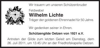 Traueranzeige von Wilhelm Lichte von ALLGEMEINE ZEITUNG UELZEN