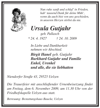 Traueranzeige von Ursula Gutjahr von ALLGEMEINE ZEITUNG UELZEN