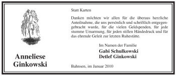 Traueranzeige von Anneliese Ginkowski von ALLGEMEINE ZEITUNG UELZEN