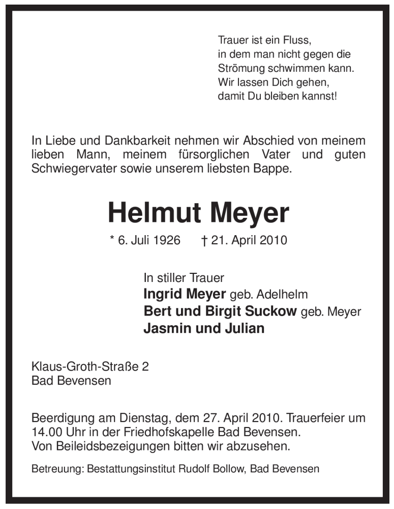  Traueranzeige für Helmut Meyer vom 23.04.2010 aus ALLGEMEINE ZEITUNG UELZEN