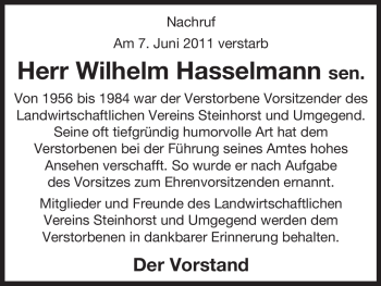 Traueranzeige von Wilhelm Hasselmann von ALLGEMEINE ZEITUNG UELZEN