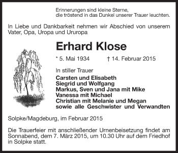 Traueranzeige von Erhard Klose von Uelzen