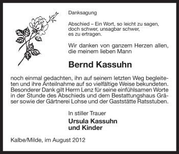 Traueranzeige von Bernd Kassuhn von ALLGEMEINE ZEITUNG UELZEN