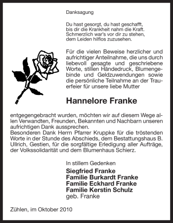 Traueranzeige von Hannelore Franke von ALLGEMEINE ZEITUNG UELZEN