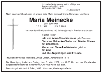 Traueranzeige von Maria Meinecke von ALLGEMEINE ZEITUNG UELZEN