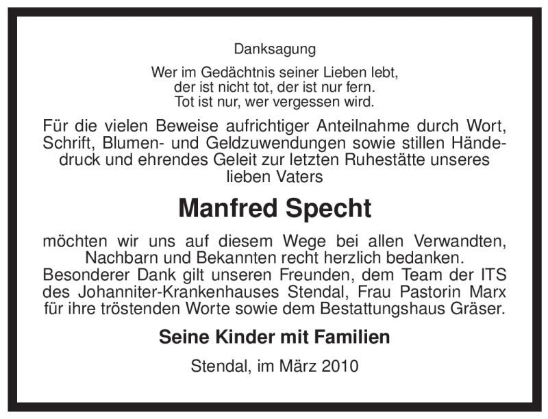  Traueranzeige für Manfred Specht vom 18.03.2010 aus ALLGEMEINE ZEITUNG UELZEN